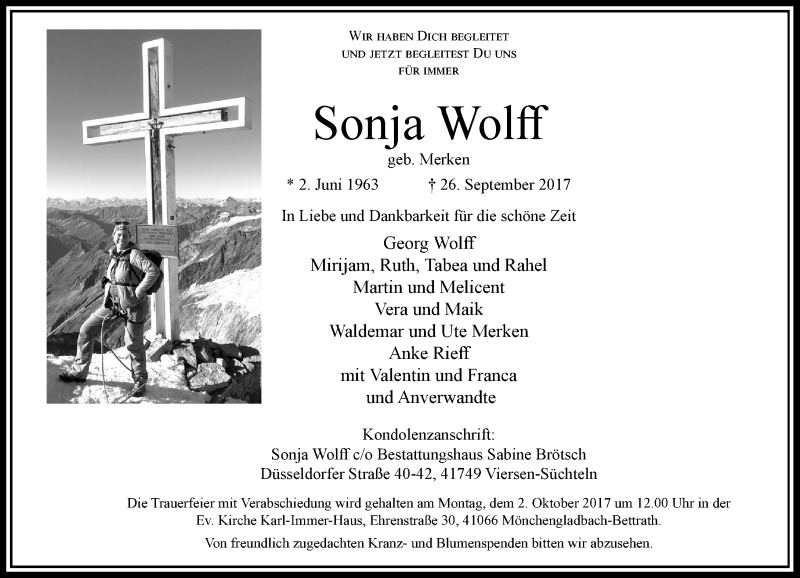  Traueranzeige für Sonja Wolff vom 30.09.2017 aus Rheinische Post