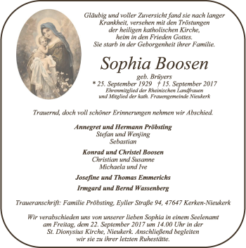 Traueranzeige von Sophia Boosen von Rheinische Post