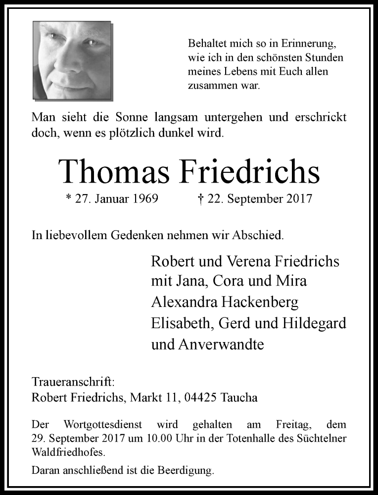  Traueranzeige für Thomas Friedrichs vom 28.09.2017 aus Rheinische Post