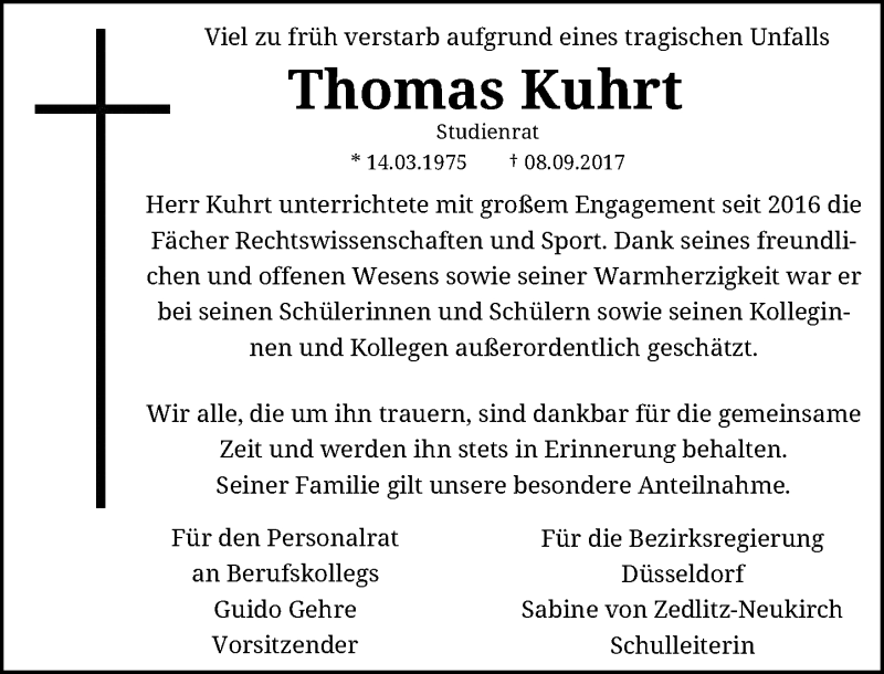  Traueranzeige für Thomas Kuhrt vom 12.09.2017 aus Rheinische Post