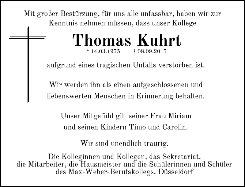  Traueranzeige für Thomas Kuhrt vom 12.09.2017 aus Rheinische Post