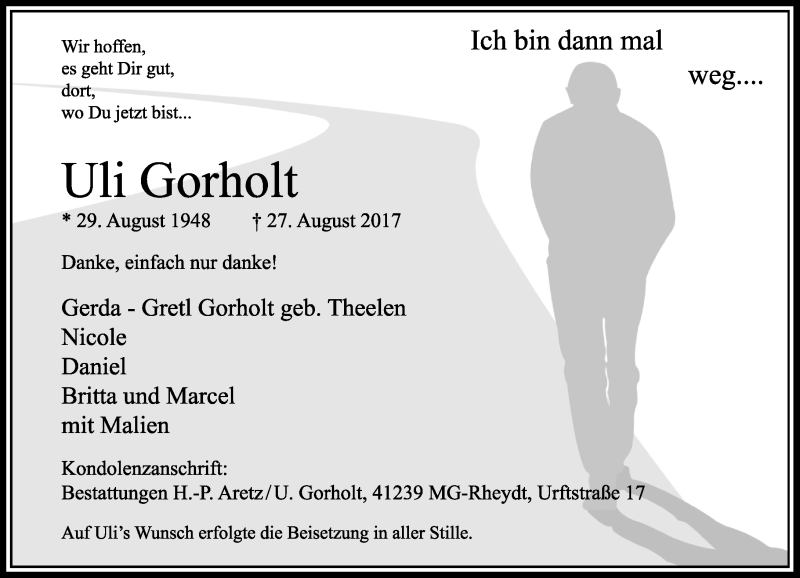  Traueranzeige für Uli Gorholt vom 16.09.2017 aus Rheinische Post