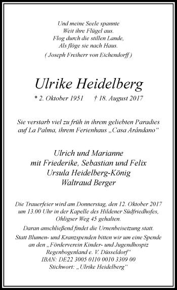 Traueranzeige von Ulrike Heidelberg von Rheinische Post