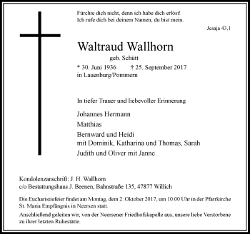 Traueranzeige von Waltraud Wallhorn von Rheinische Post