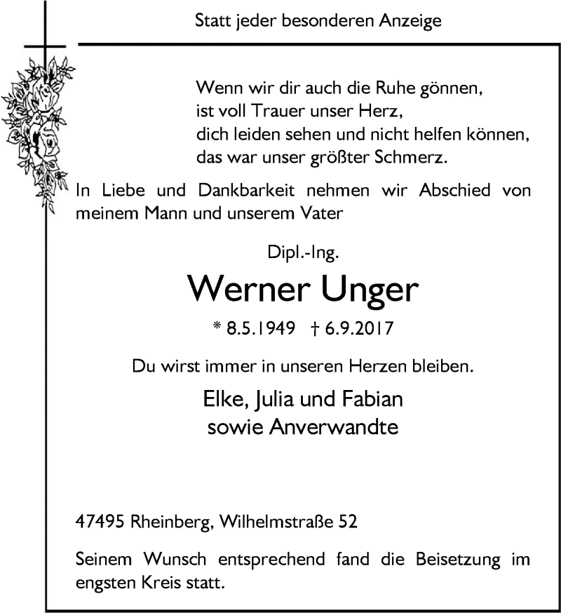  Traueranzeige für Werner Unger vom 20.09.2017 aus Rheinische Post