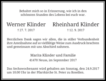 Traueranzeige von Werner und Rheinhard Klinder von Rheinische Post