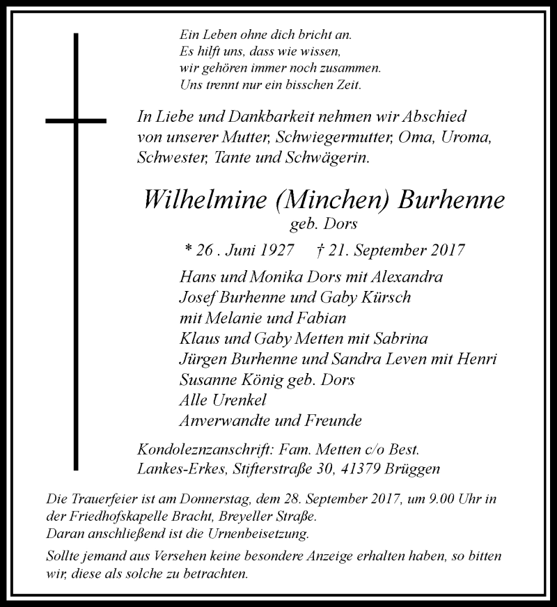  Traueranzeige für Wilhelmine Minchen Burhenne vom 25.09.2017 aus Rheinische Post