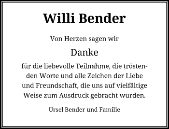 Traueranzeige von Willi Bender von Rheinische Post