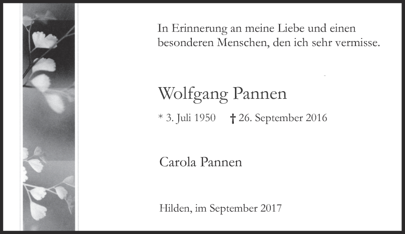  Traueranzeige für Wolfgang Pannen vom 23.09.2017 aus Rheinische Post