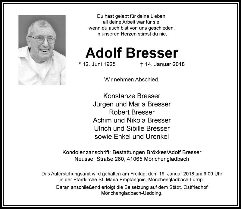  Traueranzeige für Adolf Bresser vom 17.01.2018 aus Rheinische Post