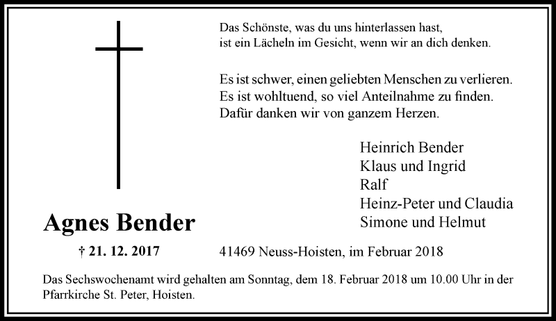  Traueranzeige für Agnes Bender vom 10.02.2018 aus Rheinische Post