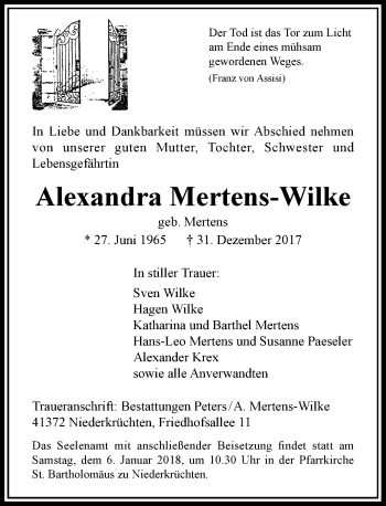 Traueranzeige von Alexandra Mertens-Wilke von Rheinische Post