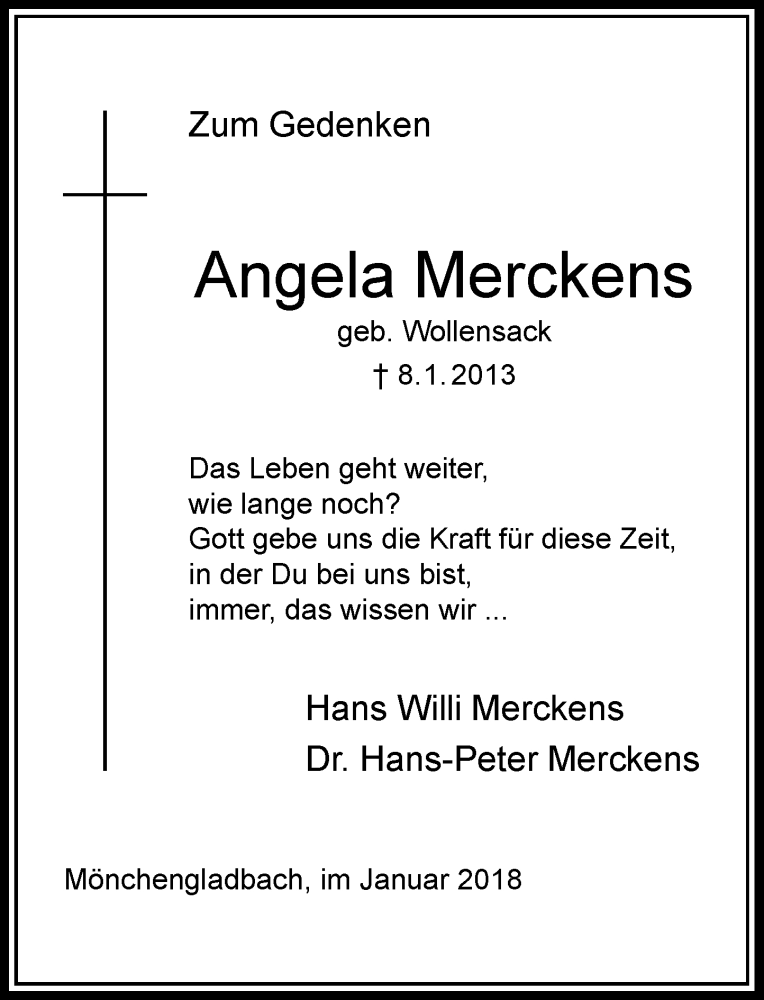 Traueranzeige für Angela Merckens vom 13.01.2018 aus Rheinische Post