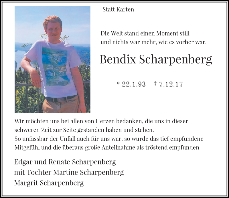  Traueranzeige für Bendix Scharpenberg vom 20.01.2018 aus Rheinische Post