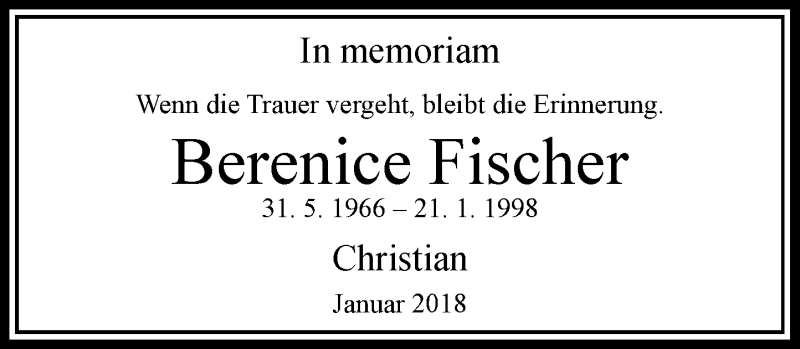  Traueranzeige für Berenice Fischer vom 22.01.2018 aus Rheinische Post