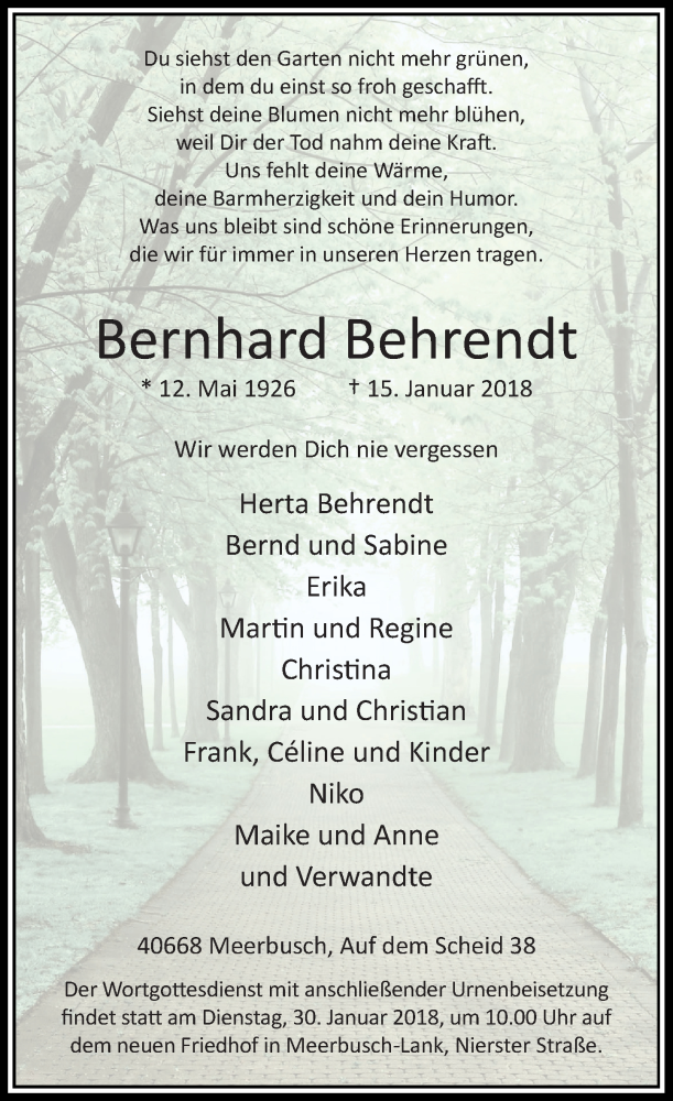  Traueranzeige für Bernhard Behrendt vom 20.01.2018 aus Rheinische Post