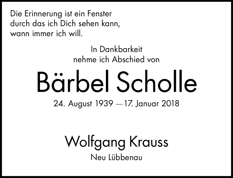  Traueranzeige für Bärbel Scholle vom 25.01.2018 aus Rheinische Post