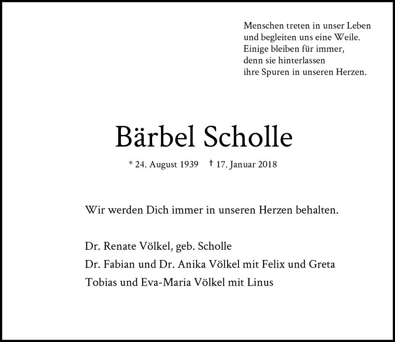  Traueranzeige für Bärbel Scholle vom 20.01.2018 aus Rheinische Post