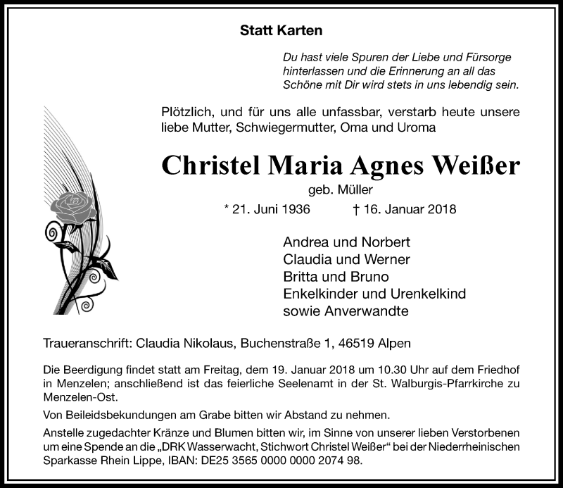 Alle Traueranzeigen für Christel Maria Agnes Weißer | trauer.rp-online.de