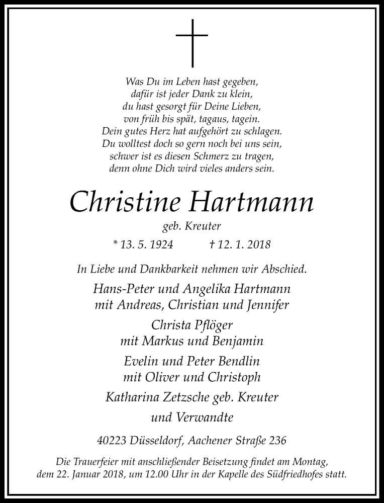  Traueranzeige für Christine Hartmann vom 20.01.2018 aus Rheinische Post