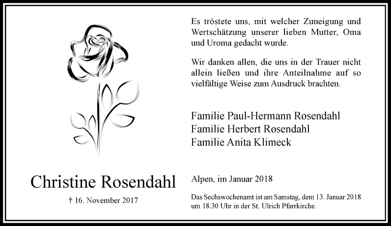  Traueranzeige für Christine Rosendahl vom 08.01.2018 aus Rheinische Post