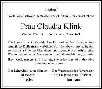 Traueranzeige von Claudia Klink von Rheinische Post