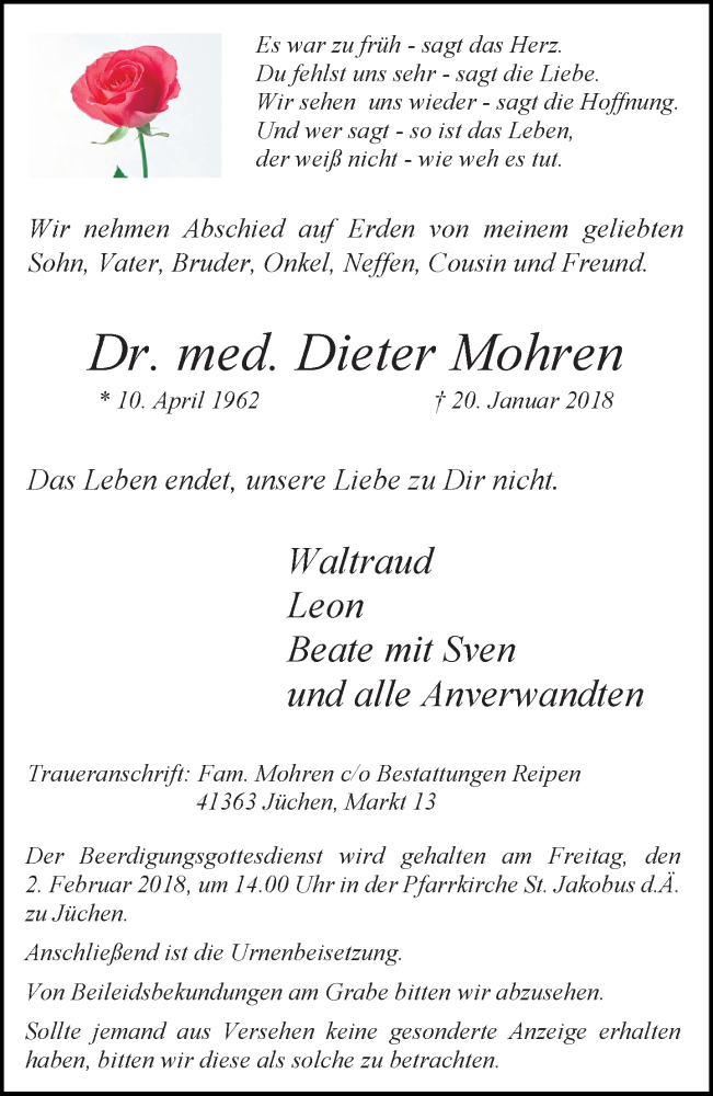  Traueranzeige für Dieter Mohren vom 27.01.2018 aus Rheinische Post