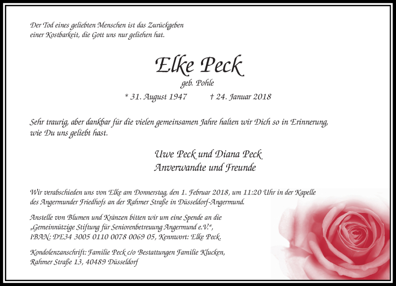  Traueranzeige für Elke Peck vom 27.01.2018 aus Rheinische Post