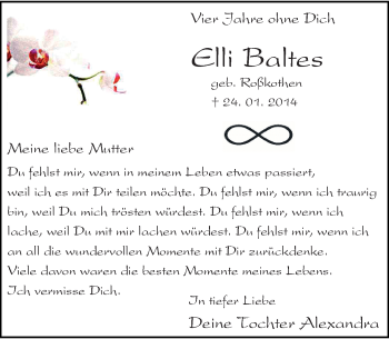 Traueranzeige von Elli Baltes von Rheinische Post