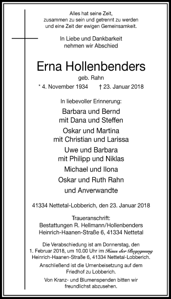 Traueranzeige von Erna Hollenbenders von Rheinische Post