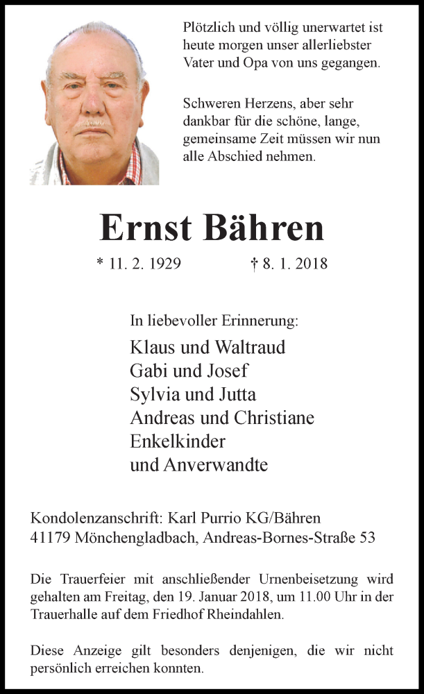  Traueranzeige für Ernst Bähren vom 13.01.2018 aus Rheinische Post