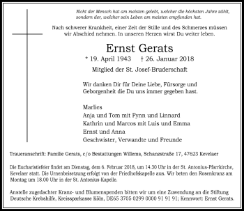 Traueranzeige von Ernst Gerats von Rheinische Post