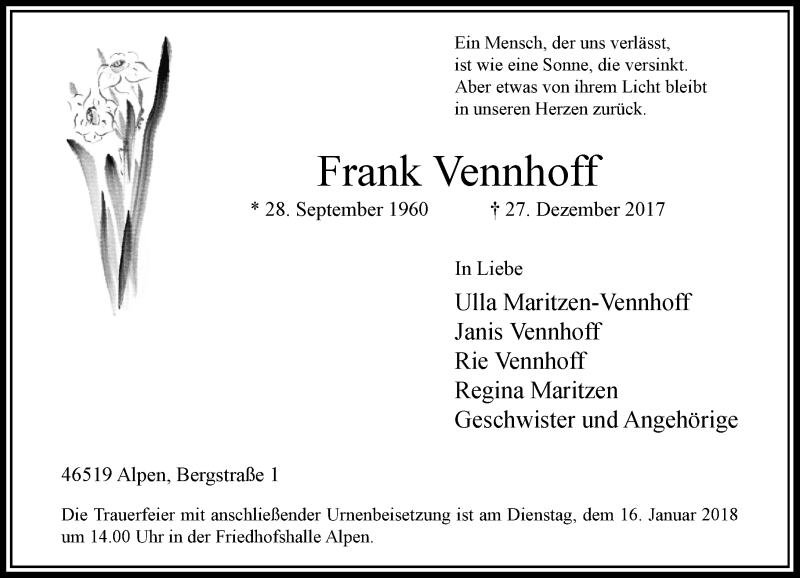  Traueranzeige für Frank Vennhoff vom 12.01.2018 aus Rheinische Post