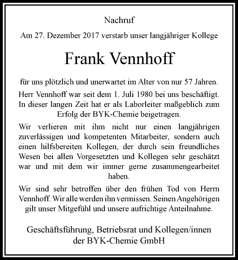  Traueranzeige für Frank Vennhoff vom 13.01.2018 aus Rheinische Post