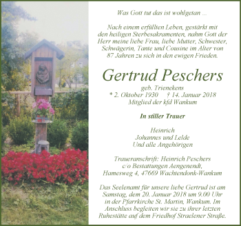 Traueranzeige von Gertrud Peschers von Rheinische Post