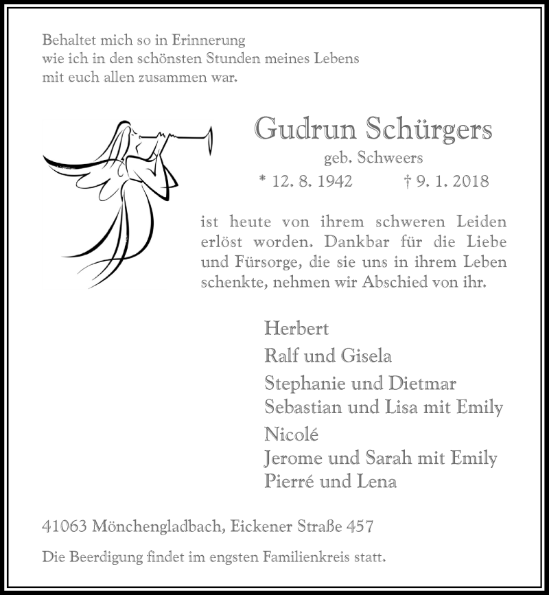  Traueranzeige für Gudrun Schürgers vom 13.01.2018 aus Rheinische Post