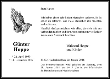 Traueranzeige von Günter Hoppe von Rheinische Post