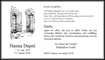 Traueranzeige von Hanna Dupre von Rheinische Post