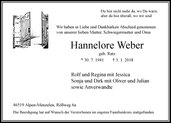 Traueranzeige von Hannelore Weber von Rheinische Post