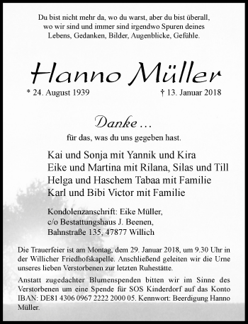 Traueranzeige von Hanno Müller von Rheinische Post