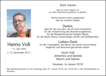 Traueranzeige von Hanno Voß von Rheinische Post