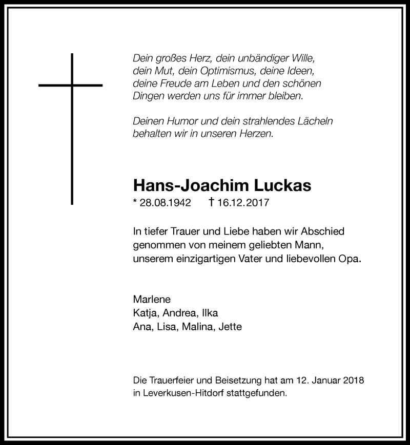  Traueranzeige für Hans-Joachim Luckas vom 13.01.2018 aus Rheinische Post