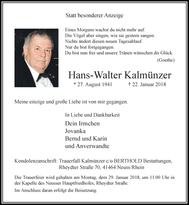  Traueranzeige für Hans-Walter Kalmünzer vom 24.01.2018 aus Rheinische Post