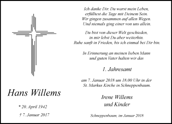 Traueranzeige von Hans Willems von Rheinische Post
