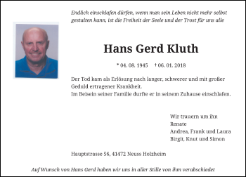 Traueranzeige von Hans Gerd Kluth von Rheinische Post