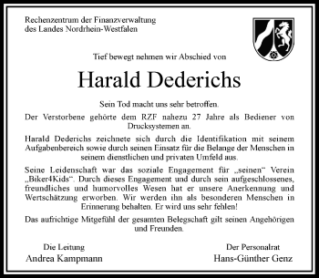 Traueranzeige von Harald Dederichs von Rheinische Post