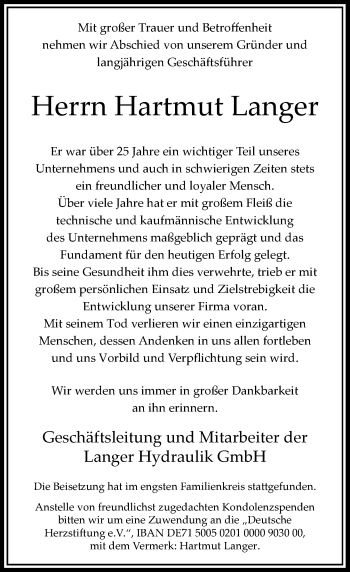 Traueranzeige von Hartmut Langer von Rheinische Post