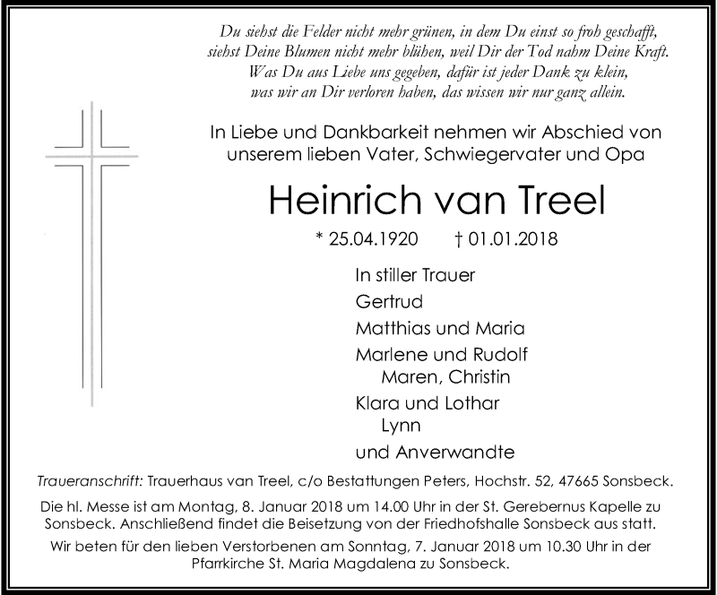  Traueranzeige für Heinrich van Treel vom 04.01.2018 aus Rheinische Post