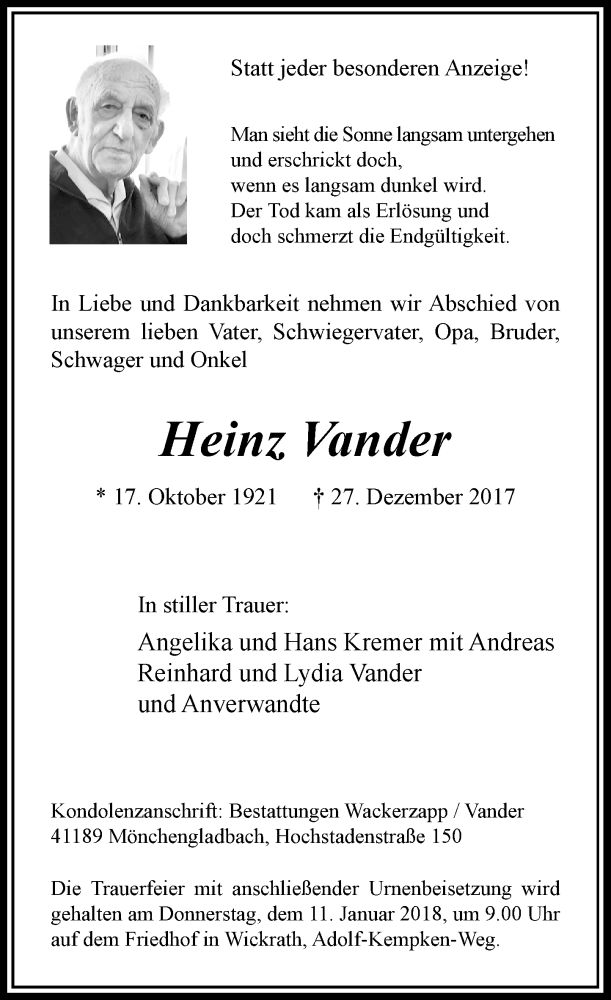  Traueranzeige für Heinz Vander vom 06.01.2018 aus Rheinische Post