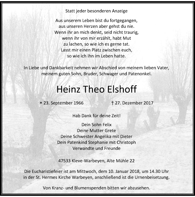  Traueranzeige für Heinz Theo Elshoff vom 06.01.2018 aus Rheinische Post